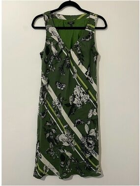 Talbots Green Butterfly Print Sleeveless Midi Dress Silk Size 10 Lined V Neck